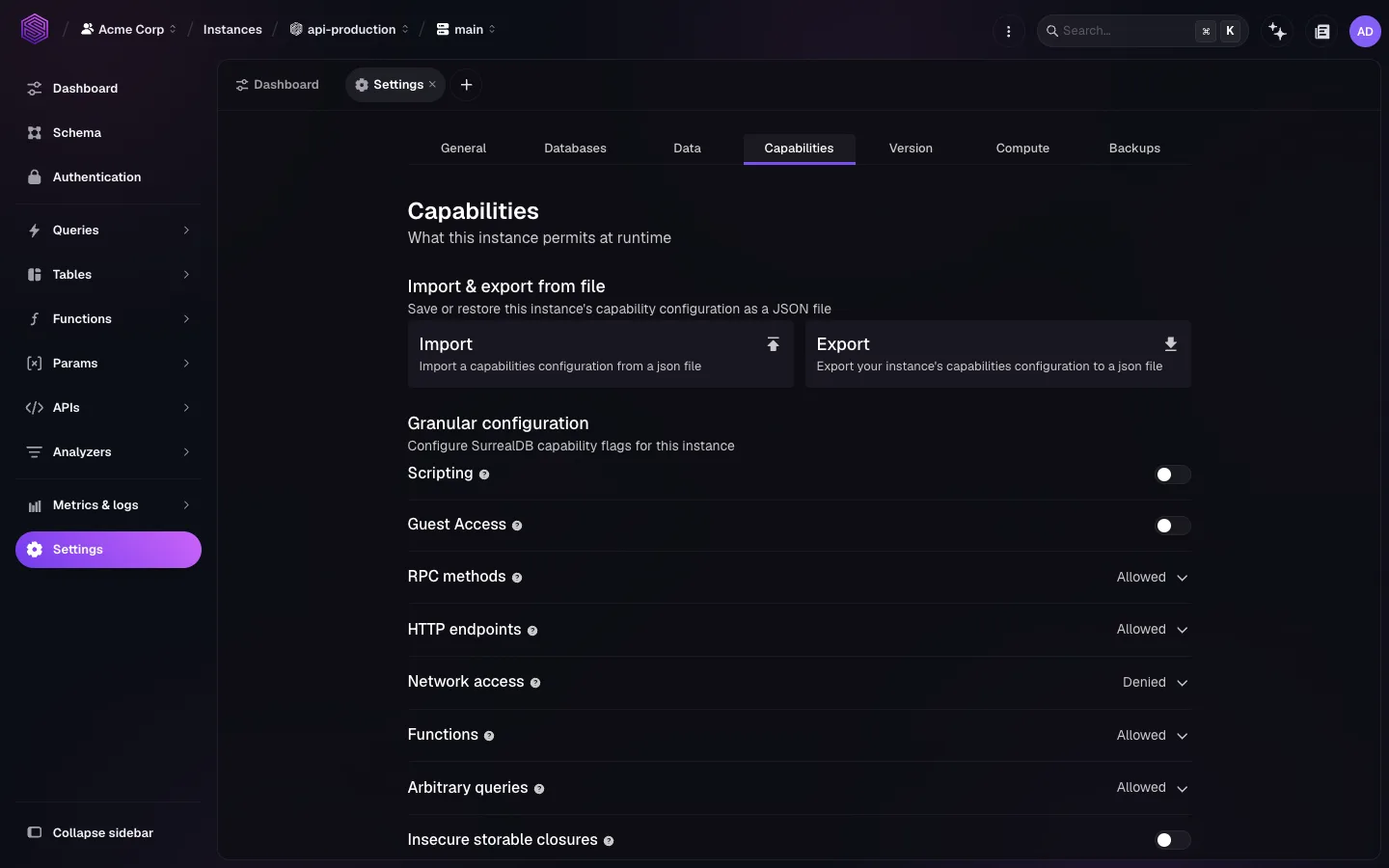 The Capabilities tab of instance settings in SurrealDB Studio, with Network access set to Denied in the granular configuration list, alongside the Scripting, Guest Access, RPC methods, HTTP endpoints, Functions, and Arbitrary queries controls.