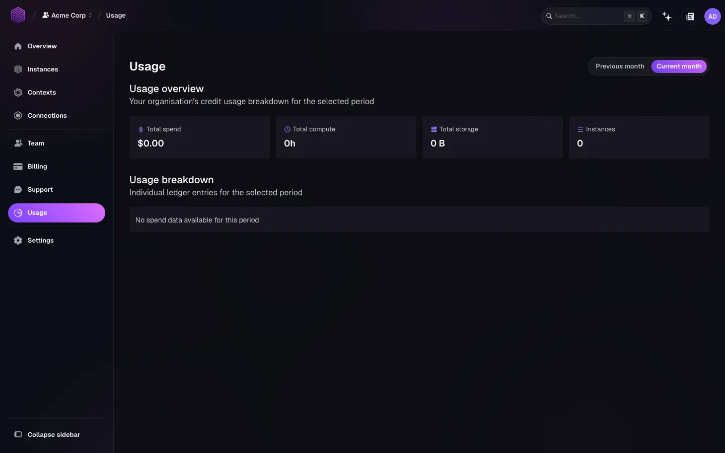 The Usage page for the Acme Corp organisation in SurrealDB Studio, with a Previous month and Current month toggle, cards showing total spend, total compute hours, total storage, and instance count for the selected period, and a Usage breakdown section listing individual ledger entries.